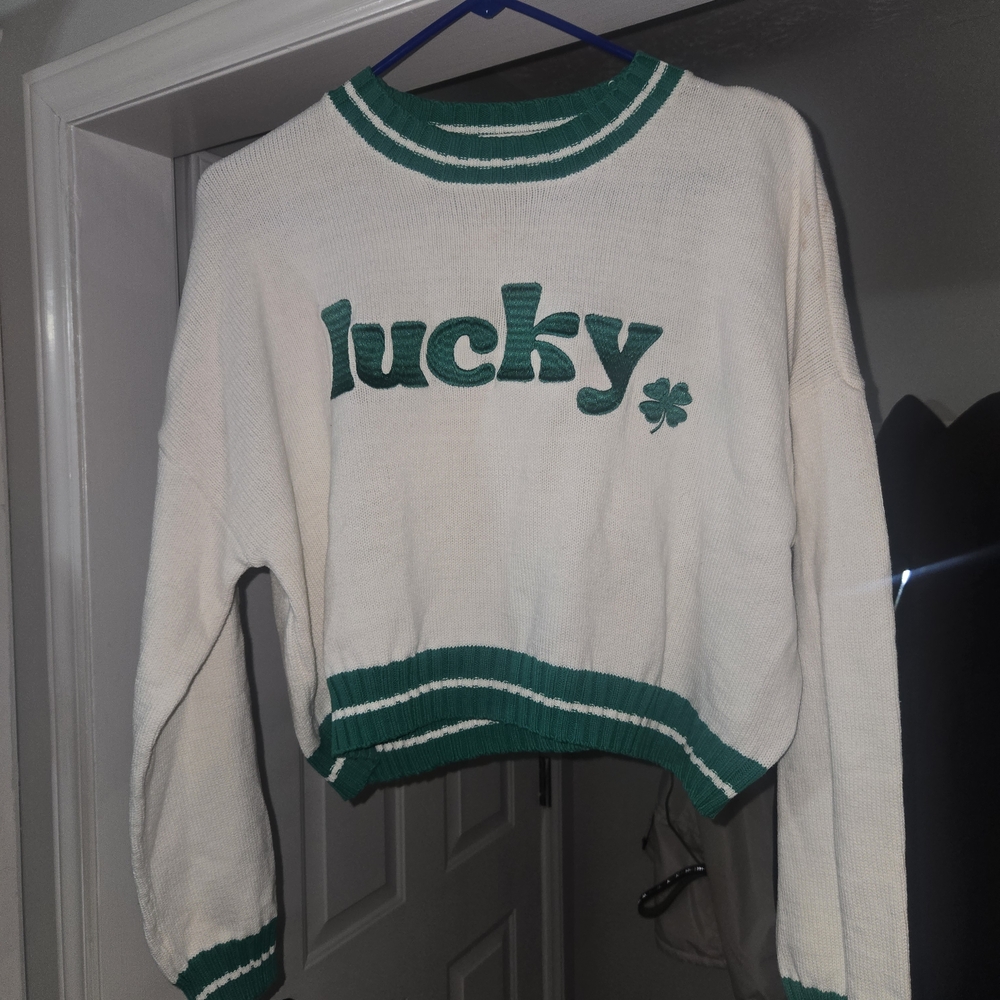Sincerely Jules Cream and Green Lucky Crew Neck Sweater